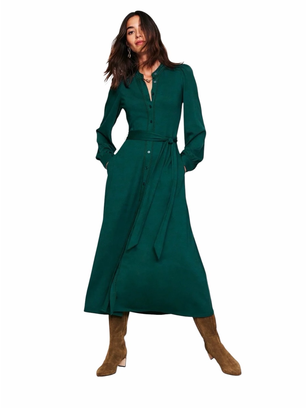Boden - Rowena Trim Jersey Shirt Dress Glade Green Belted Sz US 10